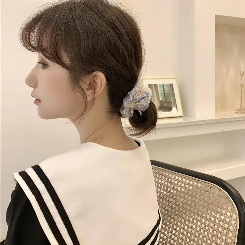 Embroidered Flower Netting Mesh Polka Dot Hair Rope Gauze Vintage Elastic Band Korean Girl 's Accessories |