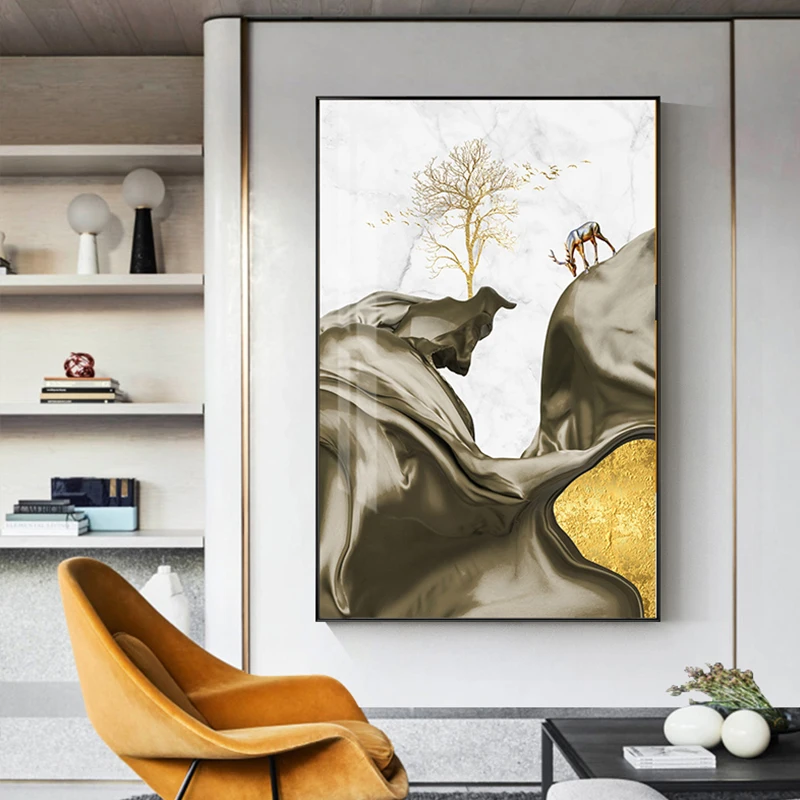 Абстрактная Картина на холсте с золотой рыбкой, оленем, деревом, современный стол, Куадрос, большая Настенная картина для гостиной, синий фиолетовый плакат, HD принт
