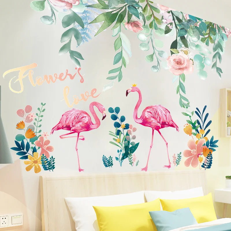 

[shijuekongjian] Flower Leaves Wall Sticker DIY Flamingo Birds Wall Decals for House Living Room Kids Bedroom Nursery Decoration