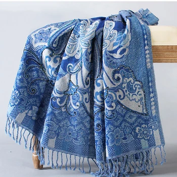 

Feminino Artificial Cashmere Shawls Female Blue Handmade Beads Cachecol Ultra Long Tassels Mujer Bufanda Embroidery Pashmina