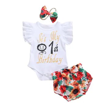 

Infant Baby Girls Summer Set Romper+Shorts+Hairband My First Birthday Letter Floral Pattern Summer Clothing 0-18M
