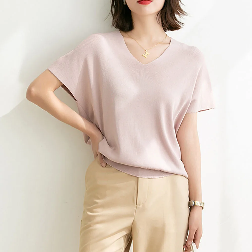 

Japanese Women Solid Color T-Shirt Summer Linen Ice Silk V-neck Knit Shirt Lazy Casual Loose Thin V-neck T-shirt Minimalist