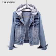 CARANFIER Европейский Плюс европейский размер короткая джинсовая куртка Осенняя Модная Джинсовая куртка с капюшоном со съемным капюшоном джинсовая куртка