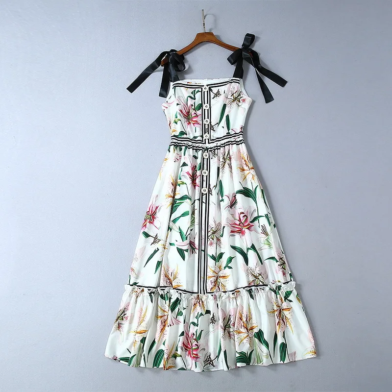 

2019 summer new button decorative lily print spaghetti strap dress 190727YP01