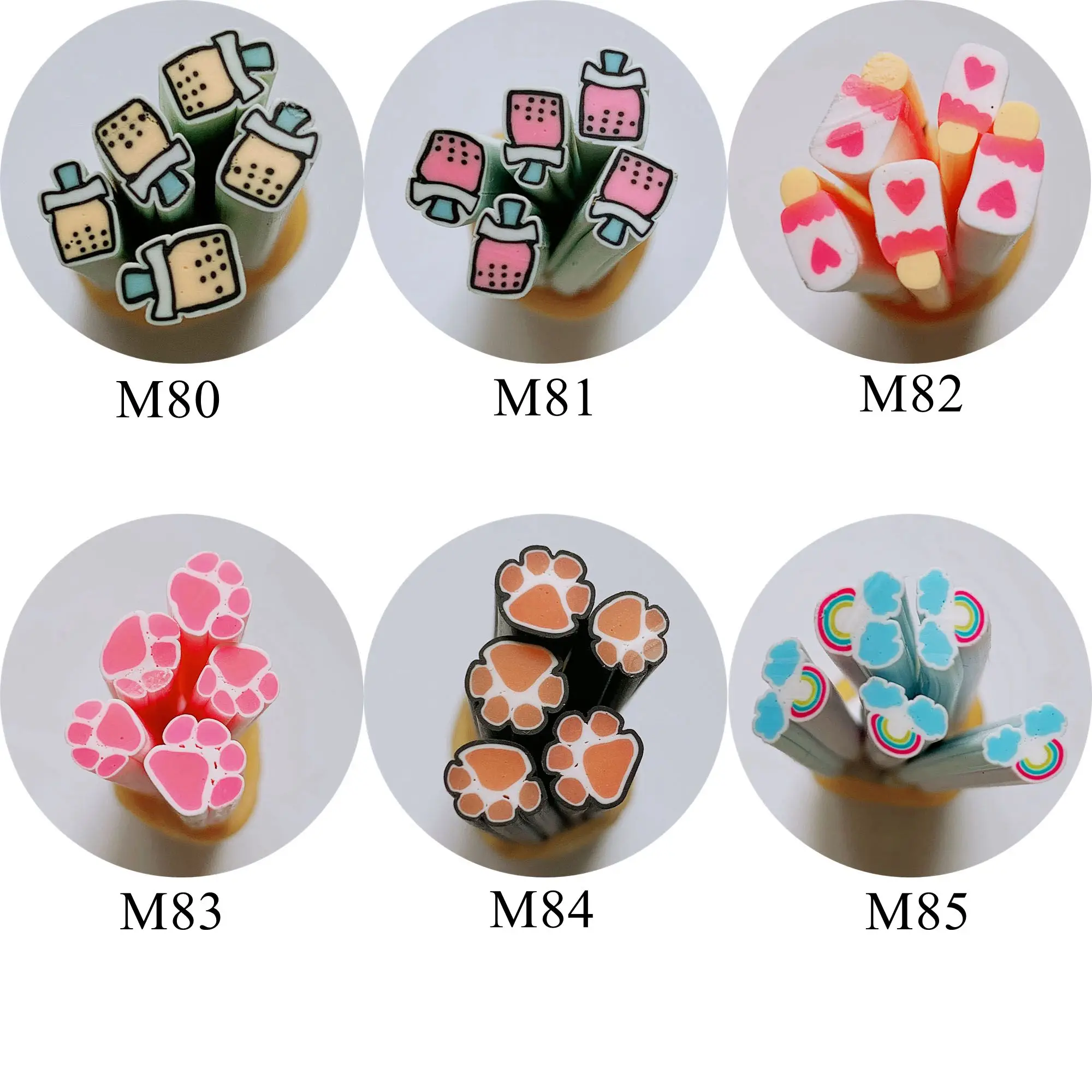 5pcs 5mm Cute Round Cane Fancy Nail Art Polymer Clay Cane Nail Art Decoration Ice-lolly Cat Paw Cloud