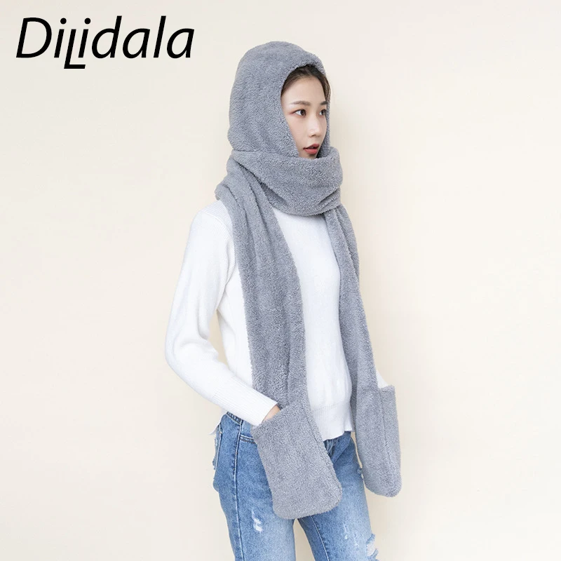 Dilidala плюшевый Hoded шарф для женщин высокого качества теплый Карманный модный шарф для женщин теплый шейный шарф перчатки шапка
