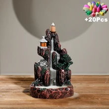 Best Sellers)+20Pcs Incense Cones LED Glowing Ball Waterfall Backflow Incense Burner Censer Rockery Landscape Home Decorations