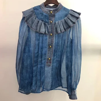 

Vintage chic women Patchwork beach bohemian denim blouse shirt long sleeve v-neck tassel loose Boho jeans shirts