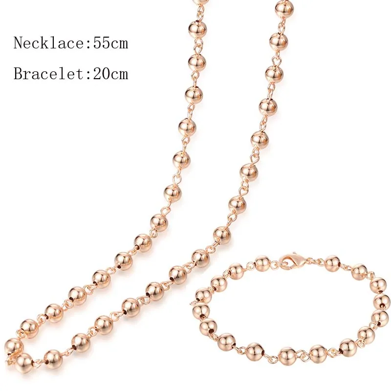 1 Набор 6 мм Гладкая бусина женское ожерелье цепочка 585 розовое золото цвет круглый браслет; Комплект бижутерии - Окраска металла: 55cm 20cm