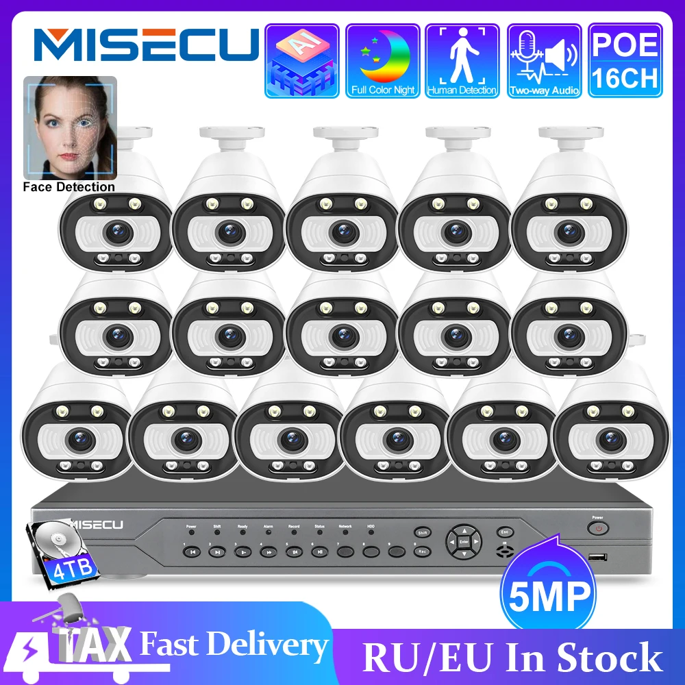 MISECU Ai Smart 5MP System 16CH POE CCTV Security NVR Kit Human/Face Detect Two Way Audio Outdoor IP Camera Surveillance System