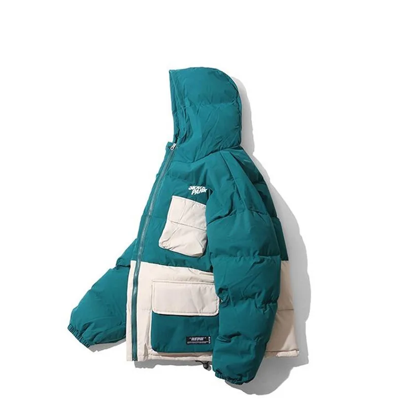 New Winter Streetwear Hip Hop Jacket Parka Padded Men Harajuku Color Block Trench Coat Hooded Windbreaker Oversize Outwear