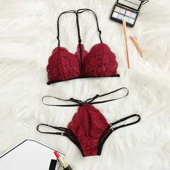 

Sexy Bra+G-string Thong Panty Set Black Wine Floral Lace Women Lingerie Underwear Set Babydoll Brassiere Lenceria Mujer