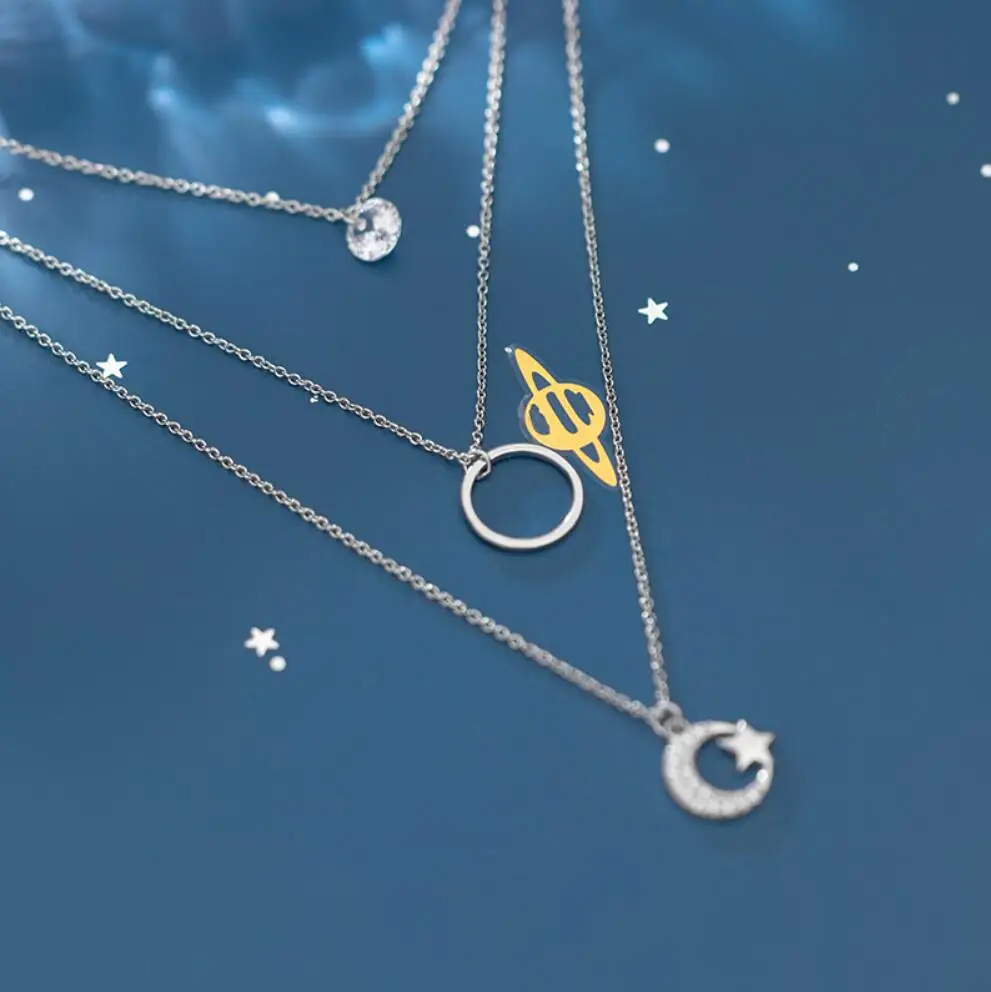925 пробы серебро Модные украшения трех слойные с рисунком «Луна», «Звезды круг Цепочки и ожерелья ювелирных изделий A2738