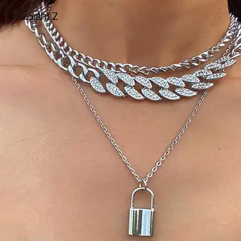 

IngeSight.Z Punk Multi Layered Iced Out Rhinestones Curb Cuban Choker Necklace Vintage Crystal Padlock Pendant Necklace Jewelry