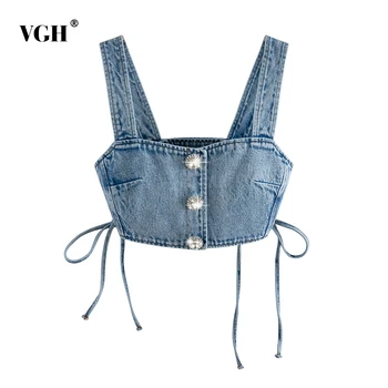 

VGH Elegant Denim Women Tank Tops Square Collar Sleeveless Spaghetti Strap Short Lace Up Bow Crop Top For Female Fashion Clothes