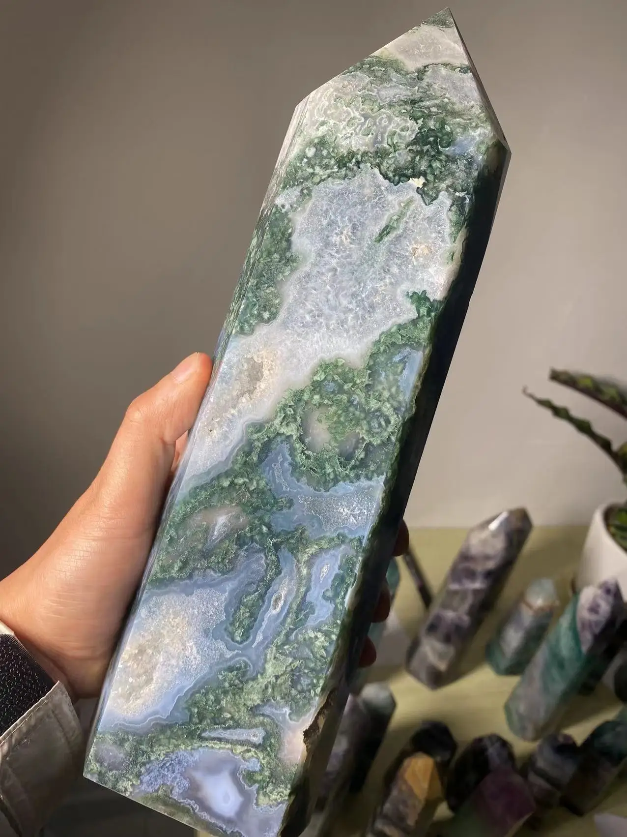 Natural large moss agate crystal tower natural crystal wand Reiki healing