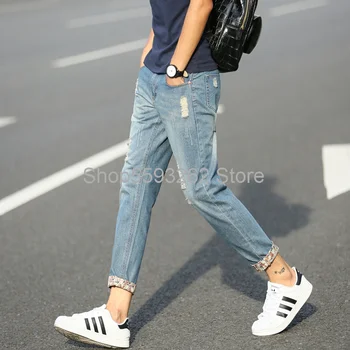 

2020 hole men's nine points jeans men's Stretch Slim feet student Trend 9 pants