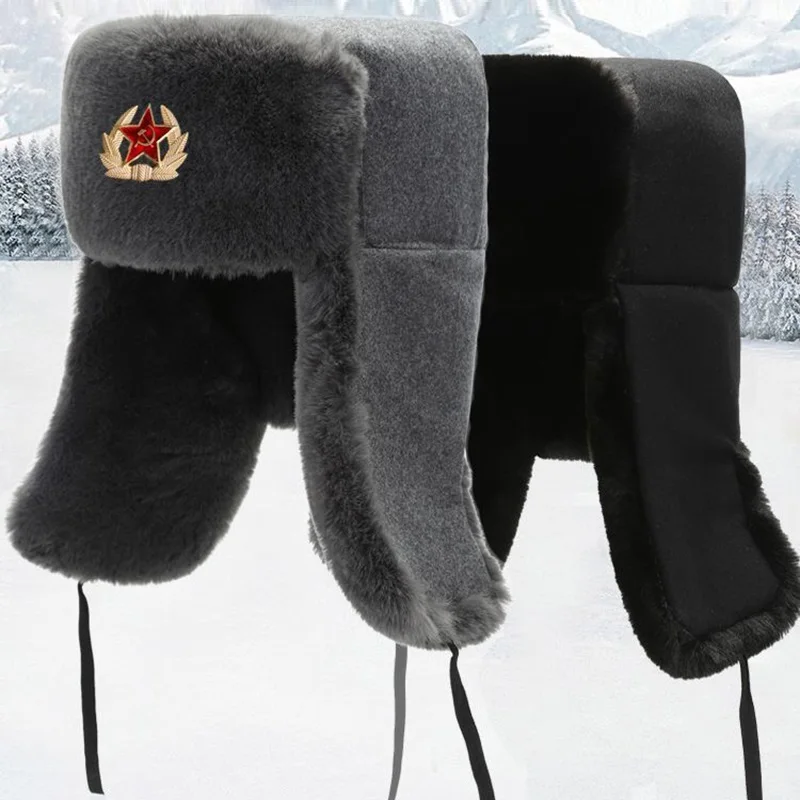 Winter Hat Fur Hat Earflap Hat Faux Fur Hat CAMOLAND Warm Faux Fur Bomber Hats Women Men Soviet Badge Russia Ushanka Pilot Hat Windproof Earflap Cap Skiing Cap