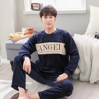 

2020 Winter Korean Long Sleeve Thick Warm Flannel Pajama Sets for Men Coral Velvet Sleepwear Suit Pyjamas Homewear Home Clothes