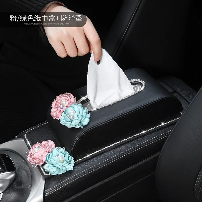 Diamond Crystal PU Leather Car Styling Tissue Box Cute Rose Auto Tissue Box For Girl Women Lady Car Interior Accessories - Название цвета: Box with Mat 04