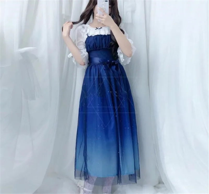 Shinning Stars Lolita Dress Gradient JSK Star Blue Girls Solid Fancy Dress Lace Ruched Pleated and Shirt Set B289