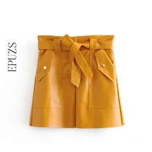 Зимние желтые юбки из искусственной кожи Женские пояс с высокой талией юбка Уличная Женская юбка мини юбка Корейская falda mujer