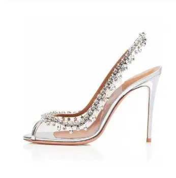 

Women Dress Thin Heels Wedding Shoes Bride PVC Peep toe Slingback High Heels Gorgeous Rhinestone Sandals Women Shoes Plus Size