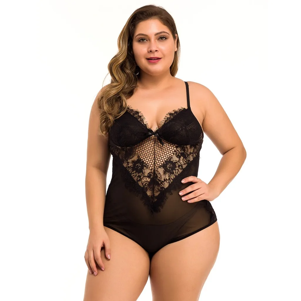 

2019 New One Piece Women Sexy Bodysuits Plus Size XXXXL Mesh Lace V-Neck Teddy Lingerie Jumpsuit Underwear Teddies Body Encaje