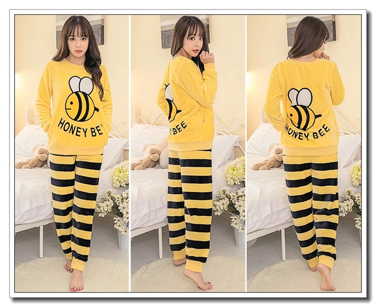 Thick Warm Flannel Pajama Sets For Women Winter Long Sleeve Coral Velvet Pyjama Girls Cute Cartoon Honey Bee Sleepwear Suit