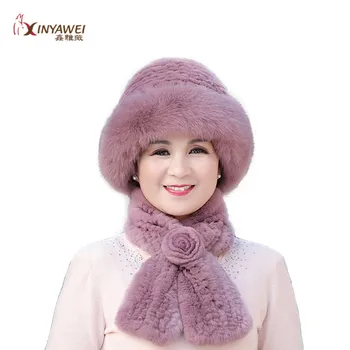 

Fur Hats For Women Winter Real Rex Rabbit Floral Hat Female Fabric Warm Snow Caps Ladies Elegant Princess Hat Scarf.