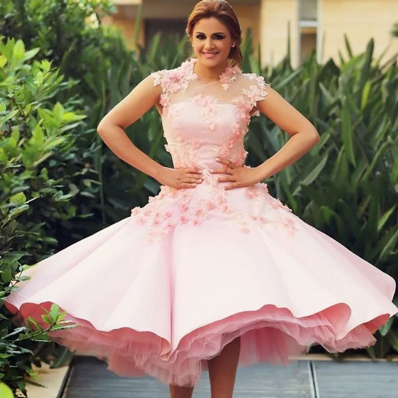 Vestido de festa, шикарное розовое платье до середины икры с аппликацией в виде цветов, официальное платье для выпускного вечера,, прозрачные элегантные недорогие платья для подружек невесты