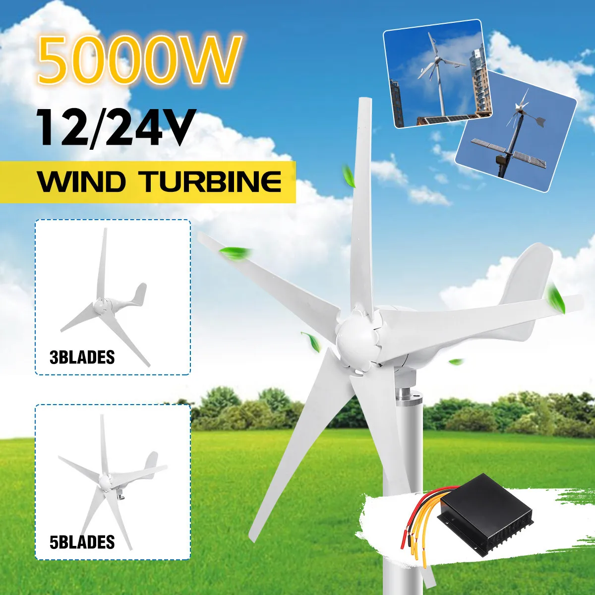 

5000W 12V 24V Wind Power Turbines Generator 3/5 Wind Blades Option With Waterproof Charge Controller Fit for Home Or Camping