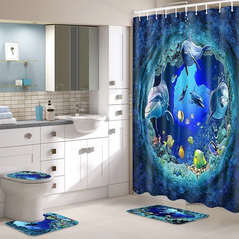 Fashion Ocean Dolphin Deep Sea Shower Curtain Bathroom Waterproof Pedestal Rug Lid Toilet Cover Bath Mat