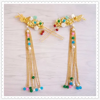 

Wedding bride hair accessories Chinese ancient style clothing butterfly flower golden tassel pearl pendant hairpin step shake