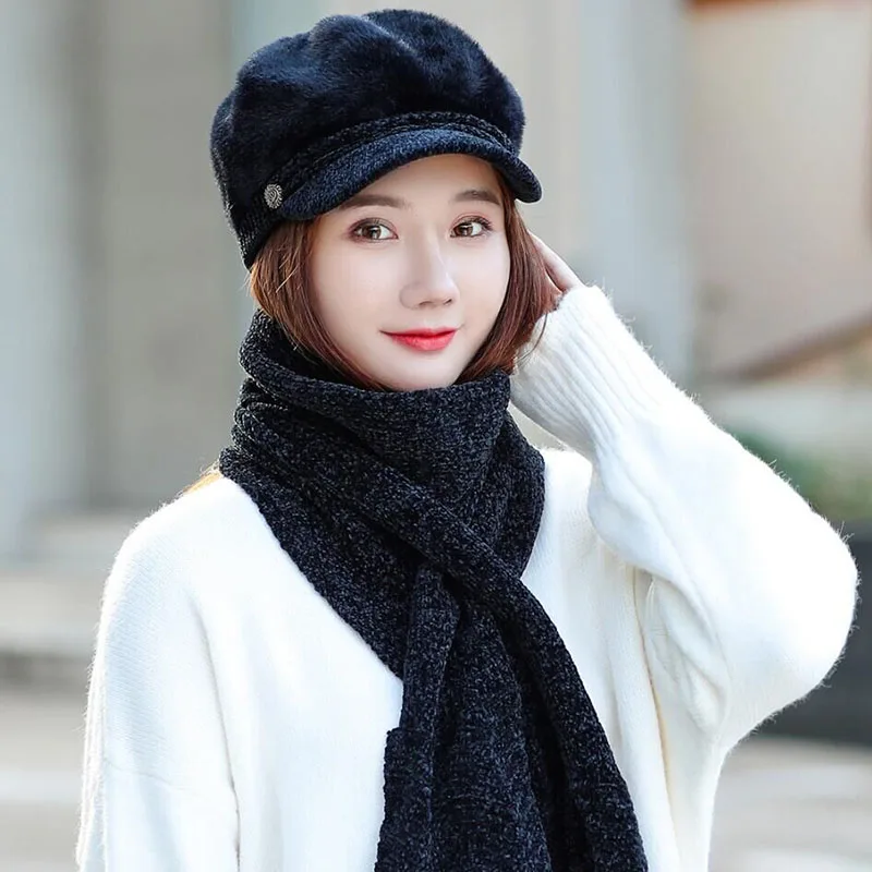HANGYUNXUANHAO Women French Beret Hat Scarf Set Winter Warm Lady Hat Chenille Elegant Beanie Cap