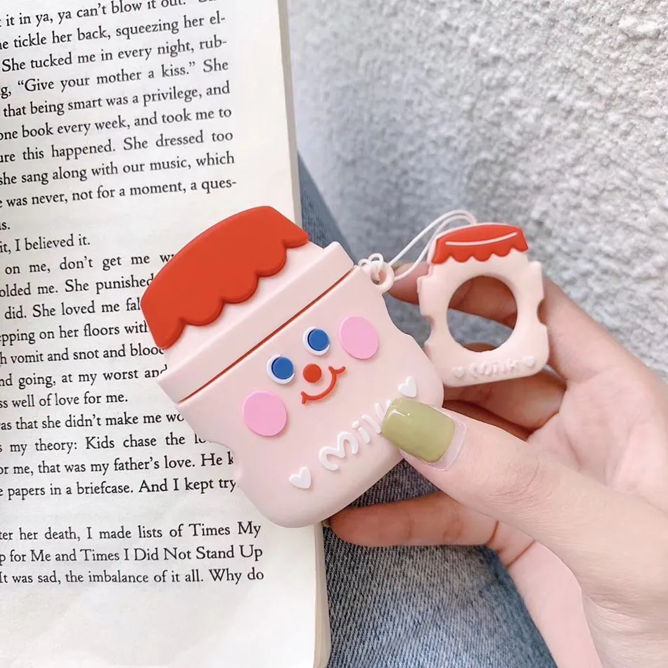 Чехол для AirPods с объемным рисунком еды, чехол для наушников для Apple Airpods 2 Kawaii, забавные аксессуары, защитный чехол с кольцом на палец - Цвет: Milk Red