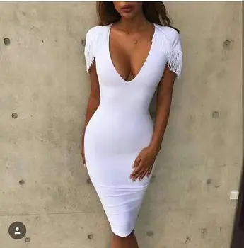 

High Quality Sexy White Tassel Short Sleeve Solid Deep V Neck Bandage Dress Party Dress