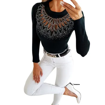 

Women Tshirt Autumn Sexy Slim Diamonds Tops Long Sleeve Hollow Out O-Neck Solid Womens Drill Christmas Shirt