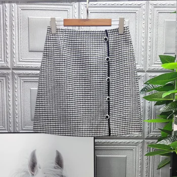 

New 2020 autumn winter women sexy mini skirt buttons front geometric a-line wool blend black skirts