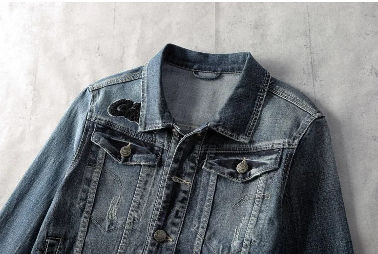 BONJEAN весна осень Мужская джинсовая куртка мода Slim Fit винтажные джинсы патч дизайн ковбой пальто Верхняя одежда Прямая