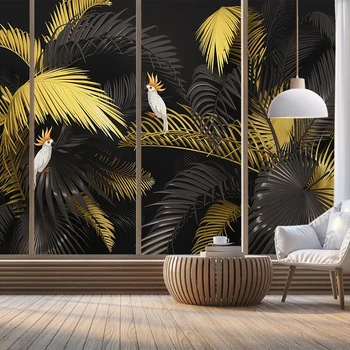 

Custom Photo Wallpaper For Bedroom Walls 3D Hand Painted Tropical Plant Golden Leaf Parrot Wall Painting Living Room Art Mural