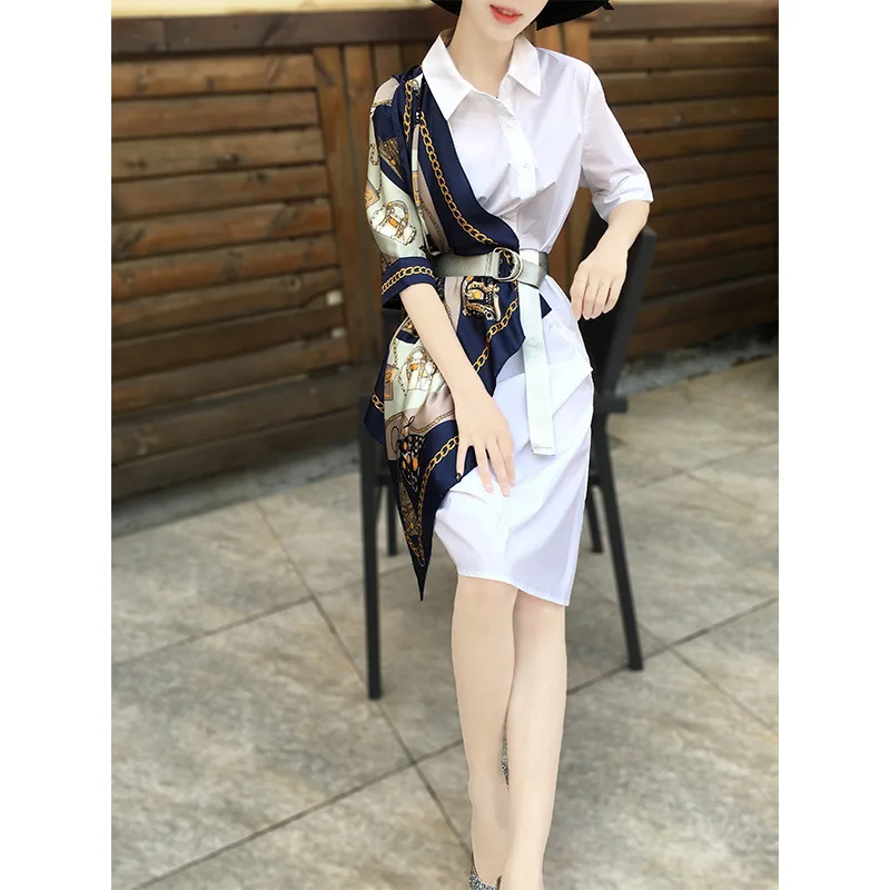 

2019 Summer New Style Goddess-Style Elegant chen yi qun European Goods Printed Contrast Color Joint Shirt Dress Women's