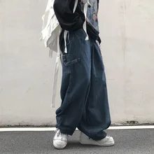 Pantalones vaqueros de estilo japonés para hombre y mujer, pantalón de estilo Hip hop, holgado, a rayas, color negro y azul, 2021