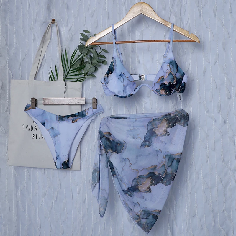 Push-Up Bikini Swimwear Skirt Short Bathing-Suit Wired Marble Print Female Sexy 3-Piece