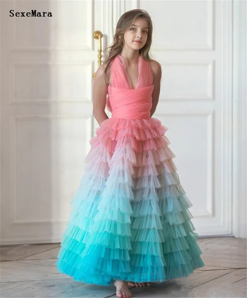 

Colorful Tiered Tulle Girls Clothes Pageant Dress A-Line Halter Kids Formal Gown Birthday Party Dress for Girls Size 2-16 Years