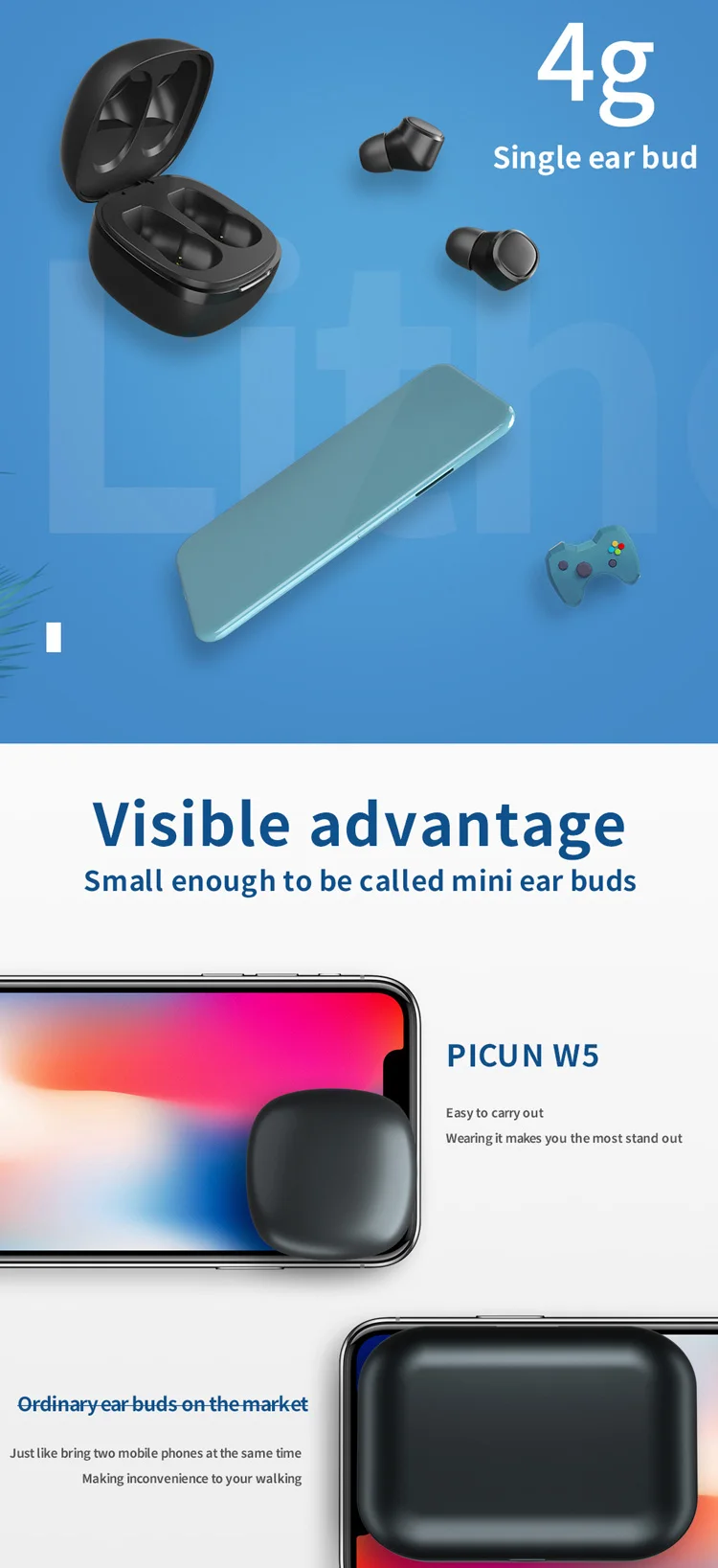 Picun W5 TWS Bluetooth наушники мини портативные невидимые беспроводные наушники Spotrs водонепроницаемые BT5.0 стерео наушники