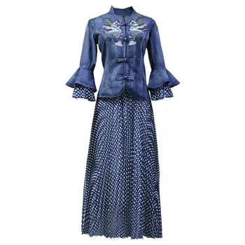 

Porgaia Vintage Autumn Draped Embriodery Denim Ruffles Retro A-line Turn-down Collar Women Clothes Blue Women Dress