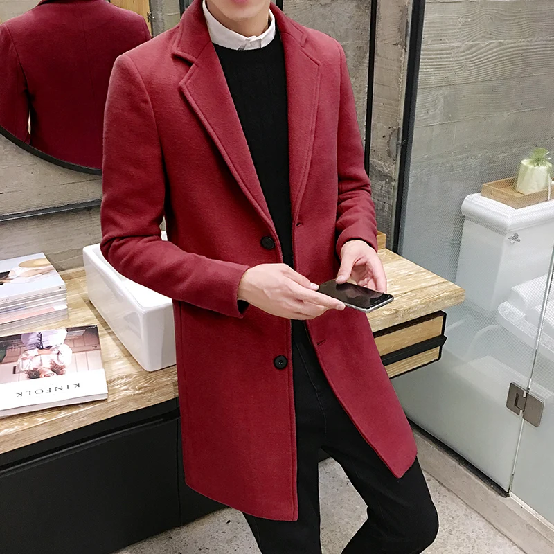 Мужская осень Новая полка, модное мужское шерстяное пальто в британском стиле, Мужская ветровка и длинные секции тонкие шерстяные пальто - Цвет: Red wine