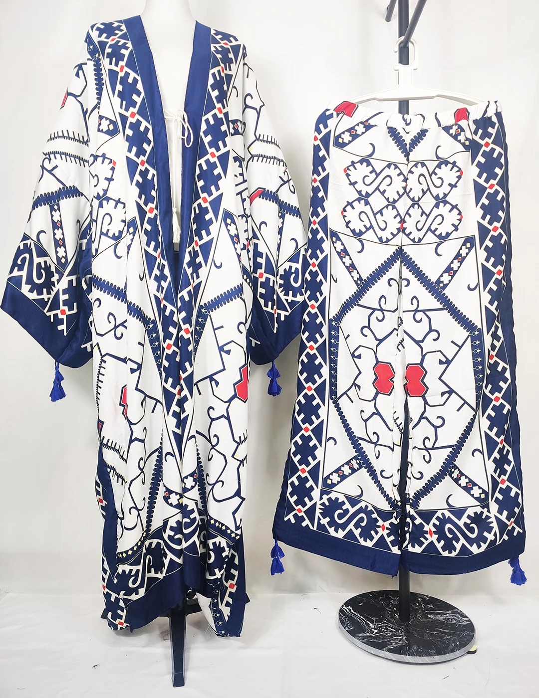African Women Fashion Outfits Printed Two Pieces Set Plus Size Bohemian Kuwait Loose Kaftan Pants +Long Kimonos For Party 1
