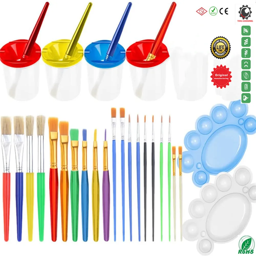 26 Pcs Paint Cups with Lids No Spill Paint Cups with Brushes and Tray Palettes for Watercolor Acrylic Art Class